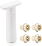 WOTOR Wine Saver Vacuum Pump with 4 Stoppers, Wine Stopper & Preserver, Reusable Bottle Sealer Keeps Fresh, Ideal Accessories Gift, Flat Handle (White)