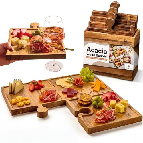 Wooden Charcuterie Boards, Appetizer Tray for Parties & Cutting Board with Handle, Set of 4, Acacia Wood Board, Wine Gifts, Wine Accessories, Interlocking Puzzle Serving Tray w/Storage Box