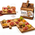 Wooden Charcuterie Boards, Appetizer Tray for Parties & Cutting Board with Handle, Set of 4, Acacia Wood Board, Wine Gifts, Wine Accessories, Interlocking Puzzle Serving Tray w/Storage Box