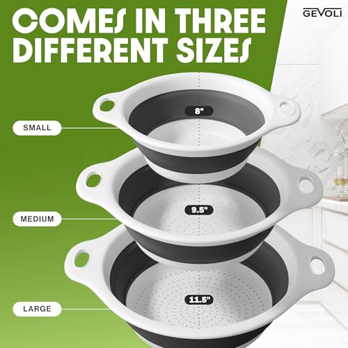 Collapsible Colanders (3 Pack Set) Food Strainers with Over-Sink Water Draining Base for Pasta Fruits and Vegetables (Patent Pending) White (3 Sizes, 3QT, 4QT and 5 Quart) - view 3