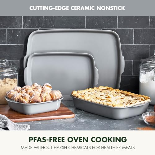 Premiere Ovenware Healthy Ceramic Nonstick 4 Piece Bakeware Set, PFAS-Free, Rectangular, Square, Quarter, Half Sheet Baking Pans, Warp-Free, Oven Safe to 600F, Dishwasher Safe, Gray - view 2