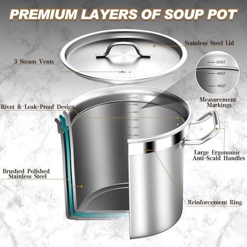 Stock Pot - 50QT Large Soup Pot with Lid - Heavy Duty Induction Tri-Ply Bottom Commercial Grade Stockpot for Boiling Cooking Soup Stew Pasta Cooking Pots, Deep Cookware - view 2