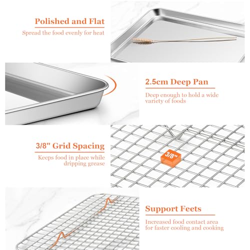 Half Sheet Baking Pan & Wire Rack, 17.5" x 13" Large Stainless Steel Cookie Sheets with Cooling Rack Set, Nonstick & Oven Safe Commercial Baking Tray Pans - 4 Pack - view 3