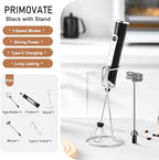 Rechargable Milk Frother, Handheld Drink Mixer with Whisk Attachment, 2025 upgraded, powerfull 3 speed motor, Type C charging with charge light, with extra egg mix head (Black without Stand)