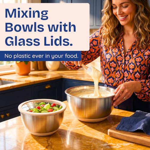 Non-Toxic Stainless Steel Mixing Bowls, Glass Lids, Plastic Free, 5-Pcs - view 2