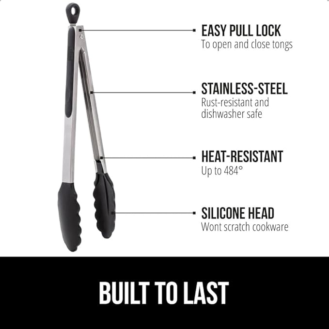 GORILLA GRIP Stainless Steel Heat Resistant Kitchen Tongs for Cooking, 7 + 9 + 12 Inch Set of 3 BBQ Tong, Non Scratch Silicone Tip for Pans, Strong Grip, Grab Food, Pull Lock, Black Mint Red