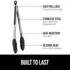 GORILLA GRIP Stainless Steel Heat Resistant Kitchen Tongs for Cooking, 7 + 9 + 12 Inch Set of 3 BBQ Tong, Non Scratch Silicone Tip for Pans, Strong Grip, Grab Food, Pull Lock, Black Mint Red