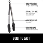 GORILLA GRIP Stainless Steel Heat Resistant Kitchen Tongs for Cooking, 12 + 14 Inch Set of 2 BBQ Tong, Non Scratch Silicone Tip for Pan, Strong Grip, Grab Food, Toss Salad, Air Fryer, Pull Lock, Black