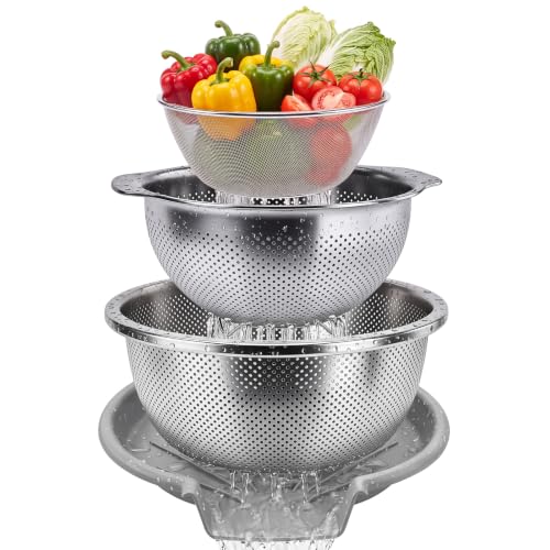 Stainless Steel Colander Set with Self-Draining Base for Edge of Sink