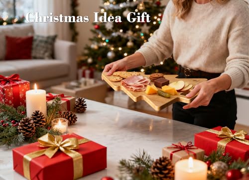Acacia Wood Christmas Tree Cutting Board 15x12 Inch Charcuterie Board with Handle, Xmas Cheese Appetizer Tray, Wooden Decorative Serving Platter for Holiday Kitchen Party - view 2