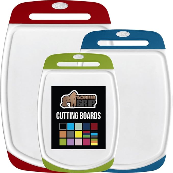 GORILLA GRIP BPA-Free Reversible Kitchen Cutting Board Set of 3, US Designed, Nonporous, Juice Grooves Catch Liquid, Slip Resistant Border, Dishwasher Safe Large Food Chopping Boards, Red Blue Green