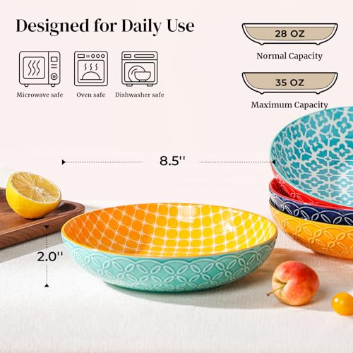 8.5" Vibrant Pasta, Salad & Soup Serving Bowls Set of 4, 35oz Embossed Large Porcelain Ceramic, Microwave & Dishwasher Safe, Bonita Design Perfect for Daily Dining, Family Gatherings, Party - view 2