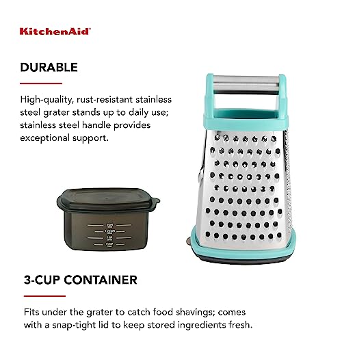 Gourmet 4-Sided Stainless Steel Box Grater for Fine, Medium and Coarse Grate, and Slicing, Detachable 3 Cup Storage Container and Measurment Markings, Dishwasher Safe, 10 inches tall, Aqua - view 3