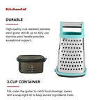 Gourmet 4-Sided Stainless Steel Box Grater for Fine, Medium and Coarse Grate, and Slicing, Detachable 3 Cup Storage Container and Measurment Markings, Dishwasher Safe, 10 inches tall, Aqua - view 3