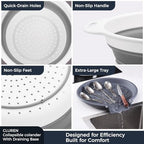Collapsible Colander Set with Oversized Draining Tray | 3-Pack Foldable Kitchen Strainers + Base | Space Saving for Pasta, Veggies, Fruit & Rice | 5 Colors (Gray-White) - view 6