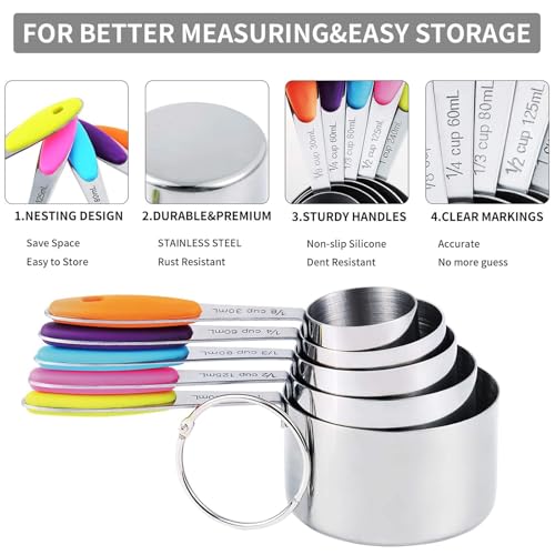 Measuring cups and magnetic measuring spoons set, stainless steel measuring cups, 6 double-sided stainless steel measuring spoons & 1 leveler (12) - view 4