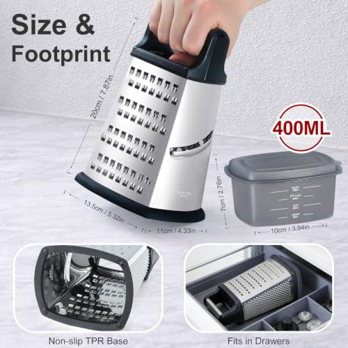 Cheese Grater, Handheld Box Grater with Container & Lid, 4-Sided Stainless Steel for Kitchen, Wavy Julienne, Slicer, Coarse Shred & Fine Zester, Non-Slip Base, Dishwasher Safe, 8 Inch - view 2