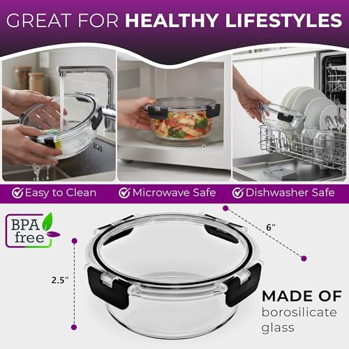 Glass Food Storage Containers Bowls with Airtight Snap Locking Lids for Meal Prep Leftovers Baking Lunch Boxes Dish (Black, 22oz Round 4 Pack) - view 2