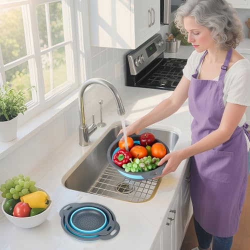 Collapsible Colander 3-Pack Set Space-Saving Foldable Kitchen Strainer with Non-Slip Base Durable Thickened PP+TPE Collapsible Strainers for Pasta, Vegetables, Fruits (Gray-Blue) - view 6
