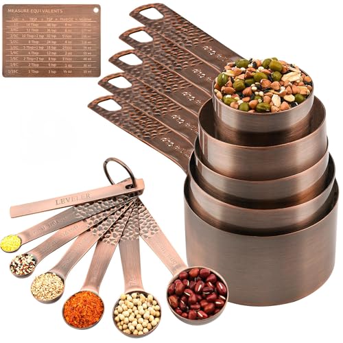 Copper Measuring Cups and Spoons Set 13, Stainless Steel Measuring Cups and Spoons Set for Baking and Kitchen, Metal Metric & US Measuring Set