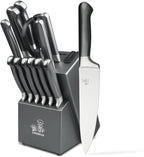 CHUSHIJI knife set with block and Sharpener, 15-Piece Premium Knife Block Set,Anti-slip Handle,Kitchen knife set with Built-in Sharpener,Gift Box Included, Grey
