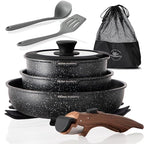 Removable Handle Induction Pots and Pans Set - 10 Piece Non-stick Cookware Sets, Black Granite Stackable RV Cookware for Camp