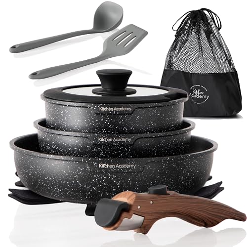 Removable Handle Induction Pots and Pans Set - 10 Piece Non-stick Cookware Sets, Black Granite Stackable RV Cookware for Camp