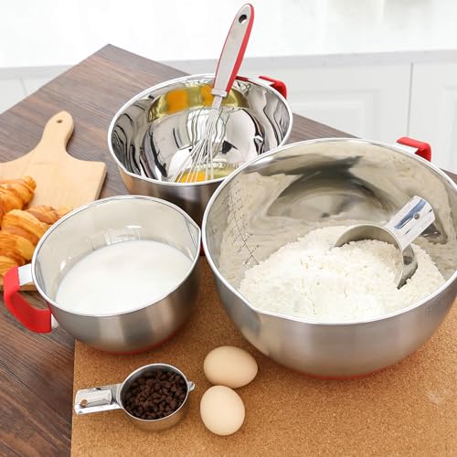 Stainless Steel Mixing Bowls: Metal Mixing Bowl Set with Lids and Handles Non-slip Silicone Bottom Nesting Bowls for Kitchen Set of 3 - Red - view 6