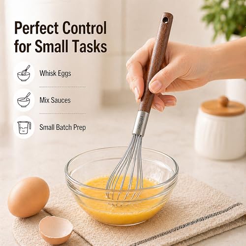 Mini Whisk 10 Inch, 304 Stainless Steel Small Wire Whisk with Walnut Wood Handle, Hand Egg Beater for Cooking, Baking, Mixing Eggs, Coffee, Sauces, Dressing and Gravy, 1 Count - view 4
