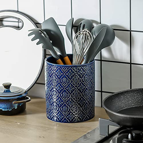 Kitchen Utensil Holder, Large Utensil Holders for Countertop, 6 x 7 Inches Ceramic Utensil Crock, Deep and Stable, Cooking Utensil Holder, Embossed Pattern (BLue) - view 4