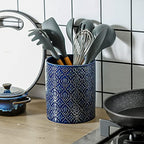 Kitchen Utensil Holder, Large Utensil Holders for Countertop, 6 x 7 Inches Ceramic Utensil Crock, Deep and Stable, Cooking Utensil Holder, Embossed Pattern (BLue) - view 4
