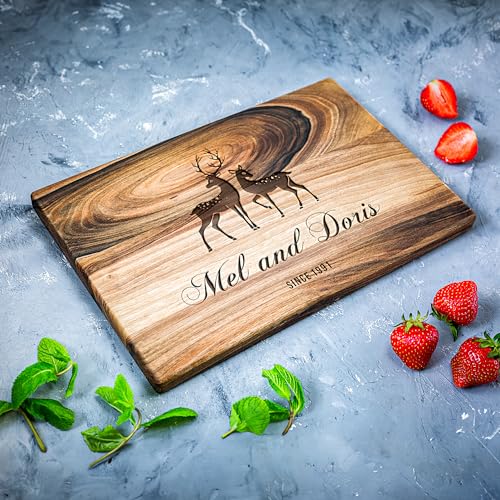 Personalized Walnut Wood Cutting Board – Custom Deer Couple Engraving with Names – 12x16 Inches – Gift for Wedding, Anniversary, Christmas, Housewarming, Mother’s Day – Great for Parents and Friends