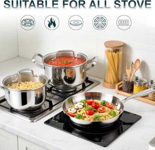 Stainless Steel Cookware Set - 20 PCS Pots and Pans Set with 3-Ply Stainless Steel Frying Pan, Professional Kitchen Cooking Set, Induction Compatible, Oven & Dishwasher Safe - view 6