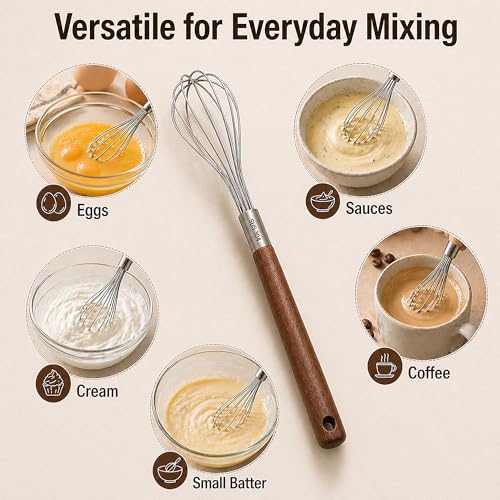 Mini Whisk 10 Inch, 304 Stainless Steel Small Wire Whisk with Walnut Wood Handle, Hand Egg Beater for Cooking, Baking, Mixing Eggs, Coffee, Sauces, Dressing and Gravy, 1 Count - view 5