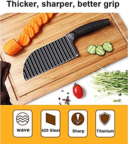 Crinkle Potato Cutter 2.9" x 11.8" Stainless Steel Waves French Fries Slicer Handheld Chipper Chopper, Vegetable Salad Chopping Knife Home Kitchen Wavy Blade Cutting Tool, Black (1 Pack) - view 2