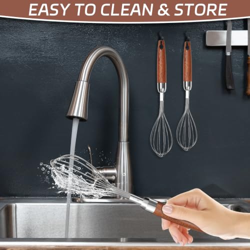 Stainless Steel Wire Cooking Whisk, Multi Function Kitchen Hand Whisk Non Stick Balloon Whisk Egg Beater for Blending Whisking Beating Frothing Stirring Batters,Wooden Handle (11""L x 2.1""W) - view 7