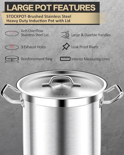 20 Quart Soup Pot with Lid – Stainless Steel Stock Pot, Heavy Duty Cooking Pot for Soup, Pasta, Stew – Induction & Oven Safe, Commercial & Home Use - view 4
