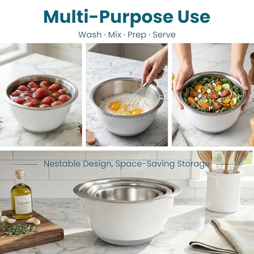 18/8 Stainless Steel Mixing Bowls Set with Lids,1.5,3 & 5 Qt,White - view 5