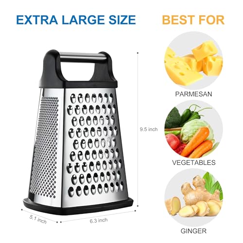 Professional Cheese Grater - Stainless Steel, XL Size, 4 Sides - Perfect Box Grater for Parmesan Cheese, Vegetables, Ginger - Dishwasher Safe - Black - view 3
