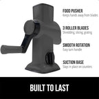 GORILLA GRIP BPA-Free Rotary Cheese Grater Hand Crank, Easy to Set Up, Strong Suction Base for Kitchen Countertop, Shred Potato, Vegetable, Nuts in Seconds, Round Mandoline Slicer, 3 Blades, Gray