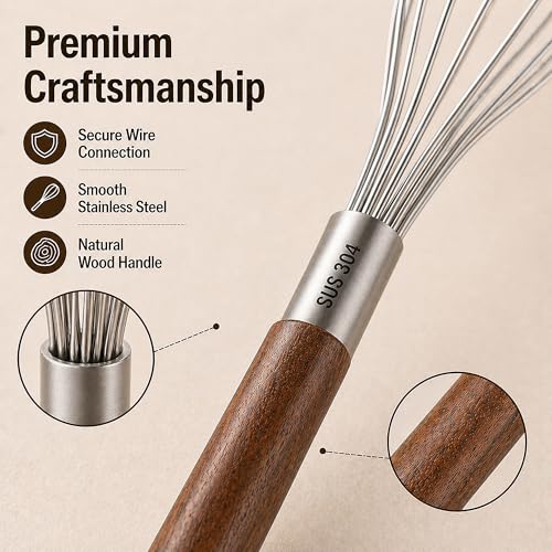 Mini Whisk 10 Inch, 304 Stainless Steel Small Wire Whisk with Walnut Wood Handle, Hand Egg Beater for Cooking, Baking, Mixing Eggs, Coffee, Sauces, Dressing and Gravy, 1 Count - view 7