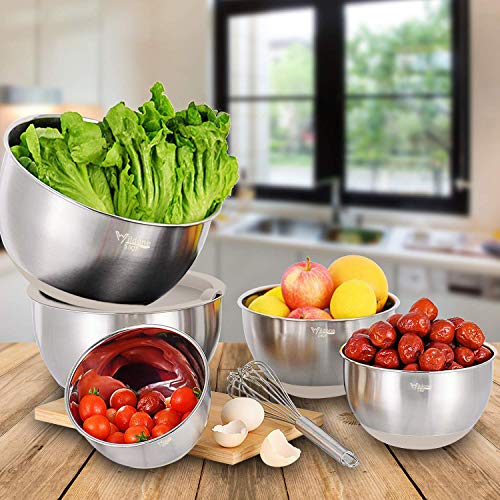 Mixing Bowls with Airtight Lids Set, 5PCS Stainless Steel Nesting Bowls with Grater Attachments & Non-Slip Bottoms, Size 5, 3, 2, 1.5, 0.63 QT, Great for Mixing & Serving, Khaki - view 6