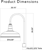 Steel Lighting Co. Gardena Barn Light | Outdoor Pole Top Mounted | 16" Dome | Upslope Gooseneck with Slip Fitter for 2-3/8" Standard Poles | Made in America | Matte Black Exterior/Brass Interior