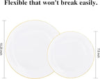 KIRE 100PCS Disposable Plates - White with Gold Rim for Thanksgiving Party/Wedding - Includes 50Pieces 10.25inch Dinner and 50Pieces 7.5inch Dessert/Salad Plates