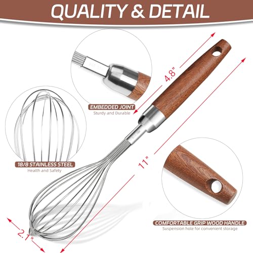 Stainless Steel Wire Cooking Whisk, Multi Function Kitchen Hand Whisk Non Stick Balloon Whisk Egg Beater for Blending Whisking Beating Frothing Stirring Batters,Wooden Handle (11""L x 2.1""W) - view 2
