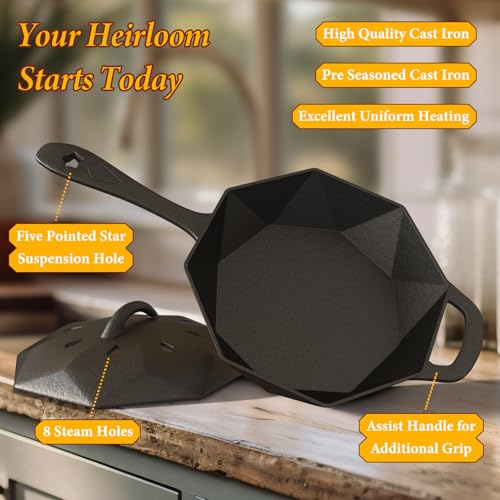 Cast Iron Skillet with Lid,Pre-seasone Mini Cast Iron Smoker Skillets & Egg Pan with Assist Handle, 6.5 Inch Octagonal Design Frying Pan for Searing, Baking, Grilling, Roasting (Skillet-1) - view 5