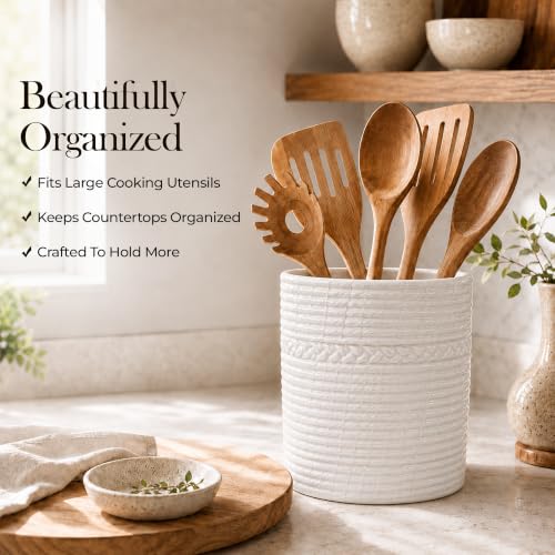 Handcrafted Cooking Utensil Holder, Extra-Large Crock, White - view 2