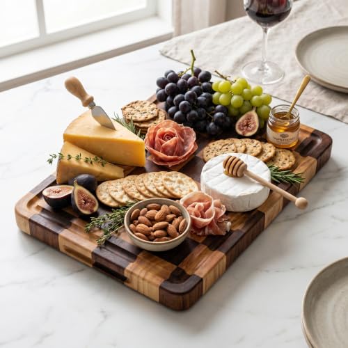 Checkered Cutting Board for Kitchen, 15"x10.4"x1.2" End Grain Cutting Board, Solid Ebony and Rubberwood Butcher Block Cutting Board with Juice Groove, Reversible Wooden Charcuterie Board - view 5