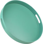 Round Green Decorative Serving Tray with Handles, 13” Versatile Ottoman Tray for Coffee Table, Entertaining, Outdoor Patio, Living Room