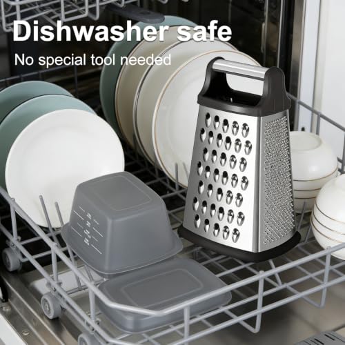 Cheese Grater, Handheld Box Grater with Container & Lid, 4-Sided Stainless Steel for Kitchen, Wavy Julienne, Slicer, Coarse Shred & Fine Zester, Non-Slip Base, Dishwasher Safe, 8 Inch - view 4